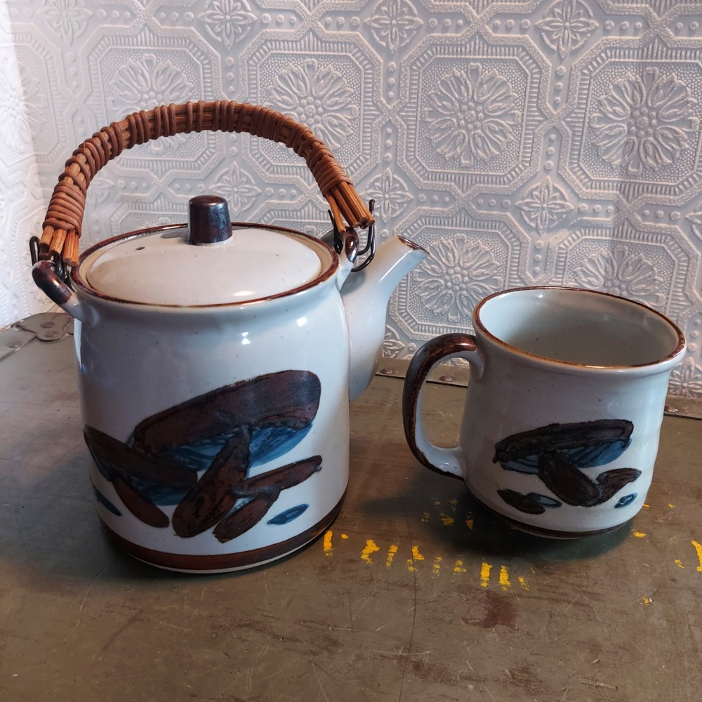 Vintage Mushroom Stoneware Teapot and Mug Set Rattan Handle Studio Pottery